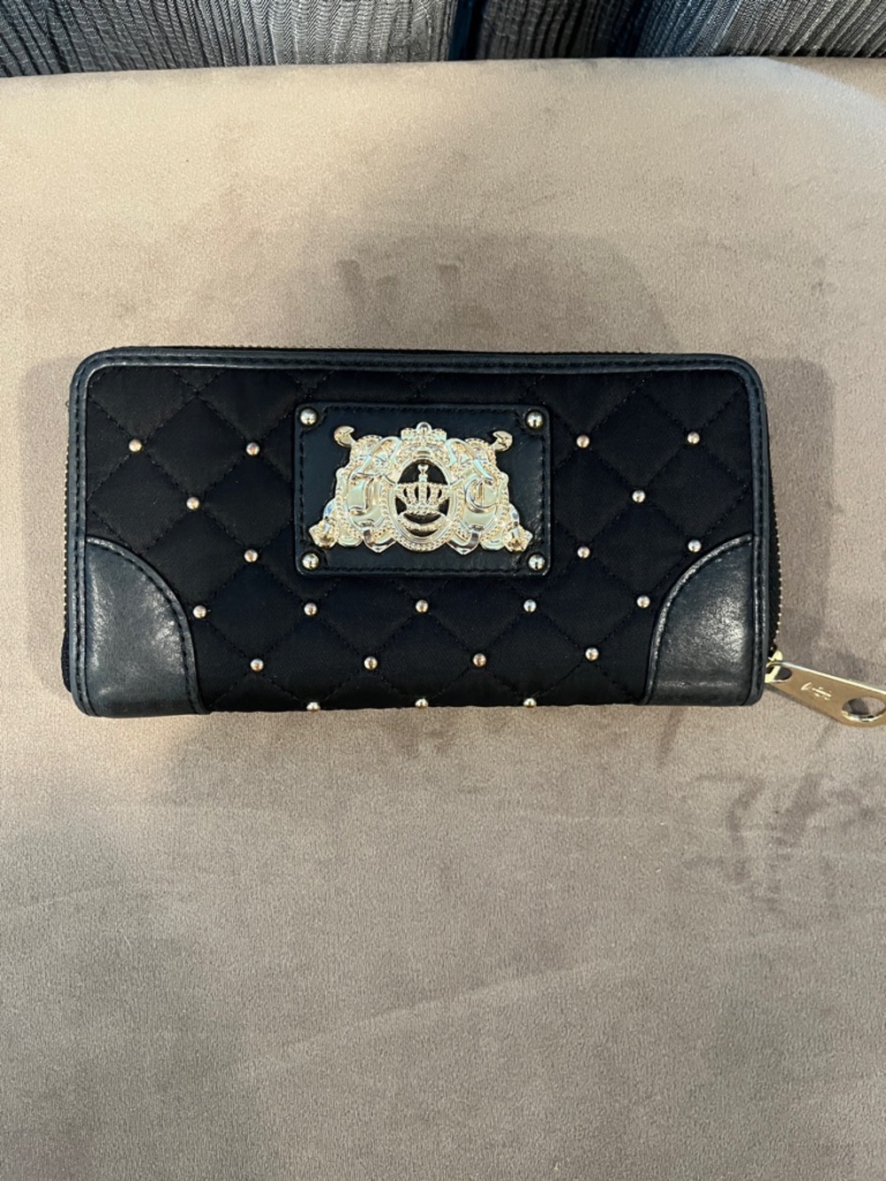Juicy Couture Black Quilted Zip Wallet with Gold Crest